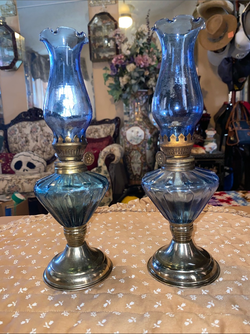Vintage Blue Glass Table Lamps - Elegant Home Accent Pair Made In Hong Kong